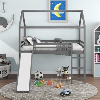 No Full Size House Loft Bed with Slide
