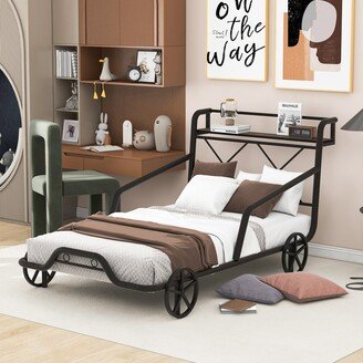 GEROJO Black Metal Car Platform Bed with Guardrails, X-Shaped Frame Shelf, and Four Wheels, Perfect for Young Car Fans