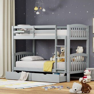 Glenwillow Home Arca Solid Wood Twin Over Twin Bunk Bed, Hanging Nightstand, and Underbed Storage Drawers in Light Gray