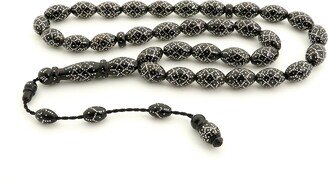925 Silver Inlaid Yusuri, Yusr, Black Coral 33 Prayer Beads Misbaha 218017 Tasbih Tasbeeh Tesbih Rosary Tespih