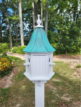 Patina Copper Roof Bird House Handmade, Large 6 Sided With 3 Nesting Compartments, Weather Resistant Birdhouses