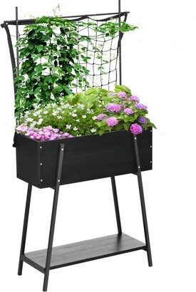 Raised Garden Bed with Climbing Grid Trellis & Storage Shelf, Elevated Planter Box for Vegetable Vines, Climbing Plants, Black