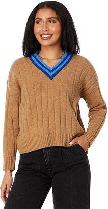 Tipped V-Neck Oversized Sweater (Heather Caramel) Women's Sweater