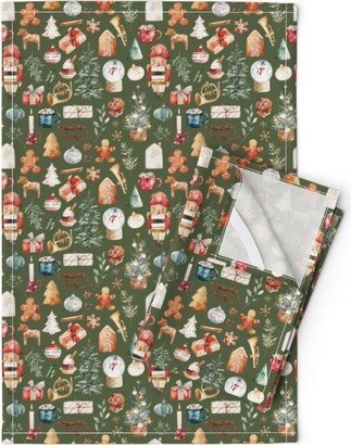 Holiday Icona Tea Towels | Set Of 2 - Christmas Wonder By Hipkiddesigns Olive Green Xmas Linen Cotton Spoonflower