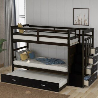 EDWINRAY Twin Over Twin Bunk Bed with Trundle and Staircase, Solid Wood Bunk Bed for Kids Teens Adults, Espresso