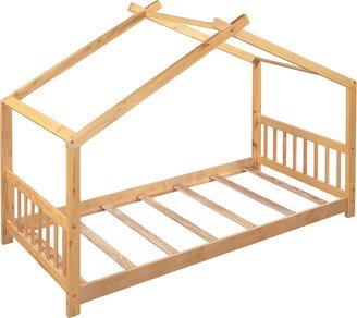 IGEMAN Low-profile Platform House Bed with Open Roof Design for Child Kids Room Wood Panel Bed for Small Aprtment Dorm Bedroom