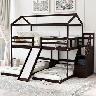 IGEMAN Triple House Bunk Bed with Slide, Wooden Full Over Twin & Twin Bunk Bed Frame with Storage Staircase,Built-in Drawer & Shelf