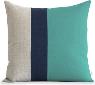 20In Striped Pillow in Mint, Navy & Natural Linen By Jillianrenedecor Summer Home Decor Colorblock Grayed Jade Beach House