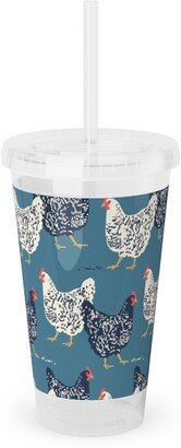 Travel Mugs: Farmhouse Chickens - Blue Acrylic Tumbler With Straw, 16Oz, Blue