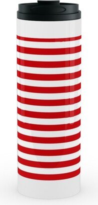 Travel Mugs: Horizontal Stripe Stainless Mug, White, 16Oz, Red