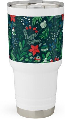 Travel Mugs: Merry Christmas Floral - Dark Travel Tumbler, 30Oz, Green