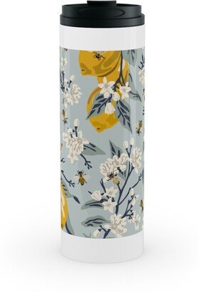 Travel Mugs: Bees, Blossoms & Lemons - Blue Stainless Mug, White, 16Oz, Blue