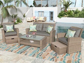 Oaks Aura 6-Piece Outdoor Patio Rattan Wicker Sofa Set, Wicker Conversation Set,Sectional Sofa with Ottoman and Cushions