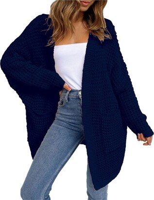 Generic 2023 Cardigan Sweaters for Women Waffle Knitted Loose Fit Long Sleeve Sweater Coat Women Oversized Jacket Lightweight Coats Blue