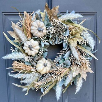 Fall Boho Pampas Grass & Pumpkin Wreath For Front Door With Leaves Berries, Neutral Autumn Lamb's Ear