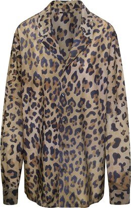 Brown Loose Leopard Printed Pyjama Shirt in Cotton Blend Woman