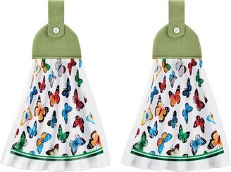 Collections Etc 2-Piece Hanging Tab Top Butterfly Kitchen Towels - For Appliances, Drawer Handles - Machine Washable Cotton, Polyester