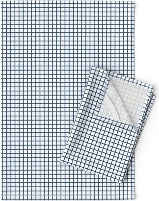 Small Scale Grid Tea Towels | Set Of 2 - Navy By Andrea Lauren Blue White Graph Paper Look Linen Cotton Spoonflower