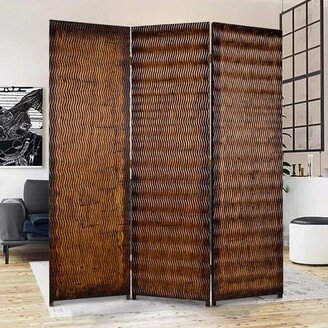 Dual Tone 3 Panel Wooden Foldable Room Divider with Wavy Design, Brown