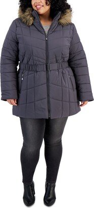 Juniors' Plus Size Belted Faux-Fur-Hooded Puffer Coat