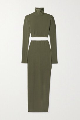 Cropped Stretch-jersey Turtleneck Top And Maxi Skirt Set - Green