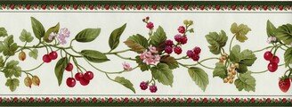 Fruit & Floral Red Berries Green Leaf Vine Bountiful Of Fruits Wallpaper Border, Prepasted,