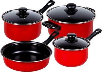 7 Piece Chef Du Jour Carbon Steel Nonstick Cooking Pots and Pans Kitchen Cookware Set with Handles and Tempered Glass Lids, Red