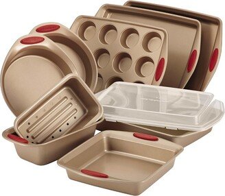 10 Piece Nonstick Bakeware Set with Handle Grips - Latte Brown with Cranberry Red