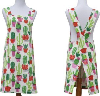 Women's Cactus Japanese Style Apron, Cross Back Pinafore in A Colorful Succulent Potted Plants Cotton Canvass With Large Pockets