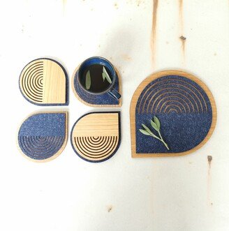 Wooden Navy Blue Felt Coasters, Coasters & Teapot Tray Set, Disco Style Home Accessory, Modern Retro Coffee Table Decor