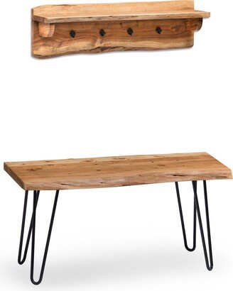 Hairpin Natural Live Edge Bench with Coat Hook Shelf Set