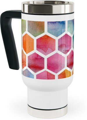 Travel Mugs: Watercolour Hexagons - Multi Travel Mug With Handle, 17Oz, Multicolor