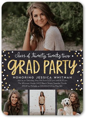 Graduation Invitations: Bokeh Grad Party Graduation Invitation, Black, 5X7, Pearl Shimmer Cardstock, Rounded