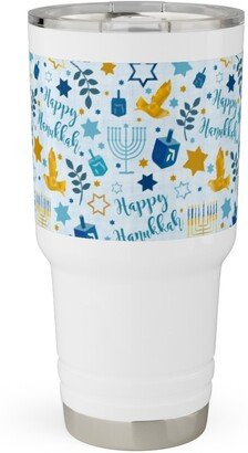 Travel Mugs: Happy Hanukkah - Blue Travel Tumbler, 30Oz, Blue