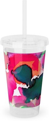 Travel Mugs: Abstract Flora Watercolor - Multi Acrylic Tumbler With Straw, 16Oz, Multicolor