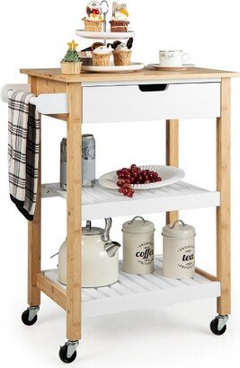 Tangkula 3-Tier Kitchen Island Cart Rolling Service Trolley w/ Bamboo Top Shelves Natural