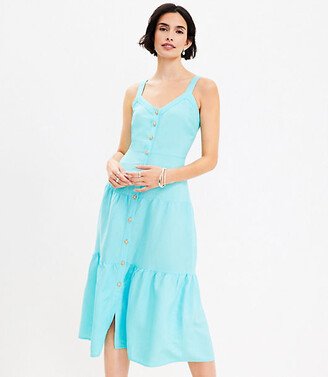 Petite Linen Blend Strappy Button Tiered Midi Dress