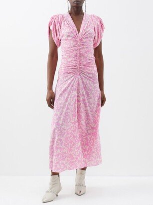 Lilia Ruched Printed Silk-blend Midi Dress