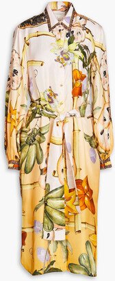 Embellished printed silk-twill midi shirt dress