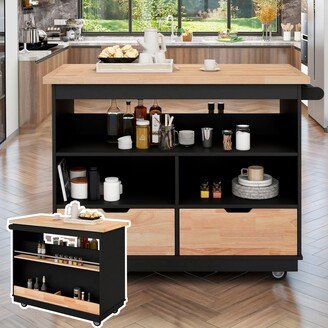 Calnod Movable Kitchen Island with 2 Drawers and 3 Storage Compartments, Kitchen Cart with Spice Rack and Wine Rack, Black