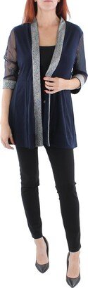 Petites Womens Mesh Inset Contrast Trim Duster Blazer