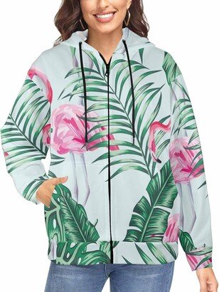 LOSARON Banana Leaves and Pink Flamingo Women's Fall Outfits Full-Zip Hooded Sweatshirt Fall Outfits Workout Sweat Jackets with Thumb Holes S