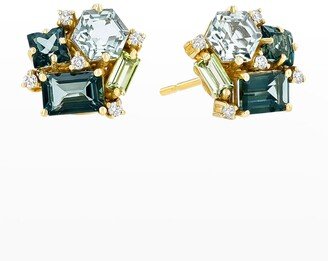 14K Yellow Gold Post Earrings in Green Mix