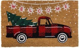 Briarwood Lane Red Checkered Truck Christmas Coir Doormat Natural Fiber Welcome 30 x 18