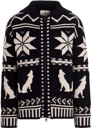 Graphic Patterned Zip-Up Knitted Cardigan