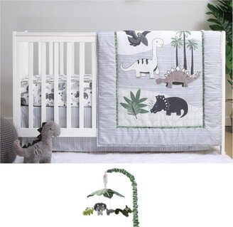 The Green Dino 4 Piece Baby Nursery Crib Bedding Set, Quilt, Crib Sheet, Crib Skirt, Mobile - Green/ivory/grey