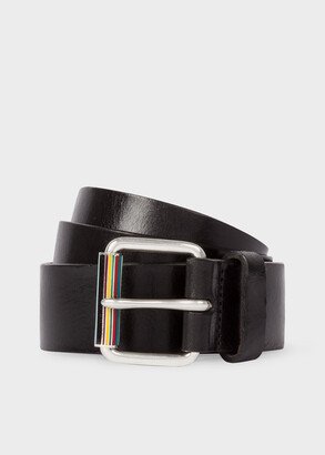 Black Leather Belt With 'Signature Stripe' Roller