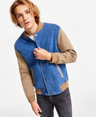 Men's Denim-Canvas Bomber Jacket, Created for Macy's - Denim/Gold