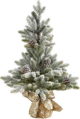 2.3' Flocked Artificial Christmas Tree with Pine Cones in burlap wrapped base