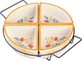 Tierra Hand Painted Stoneware 4-Section Tidbit Dish with Metal Rack